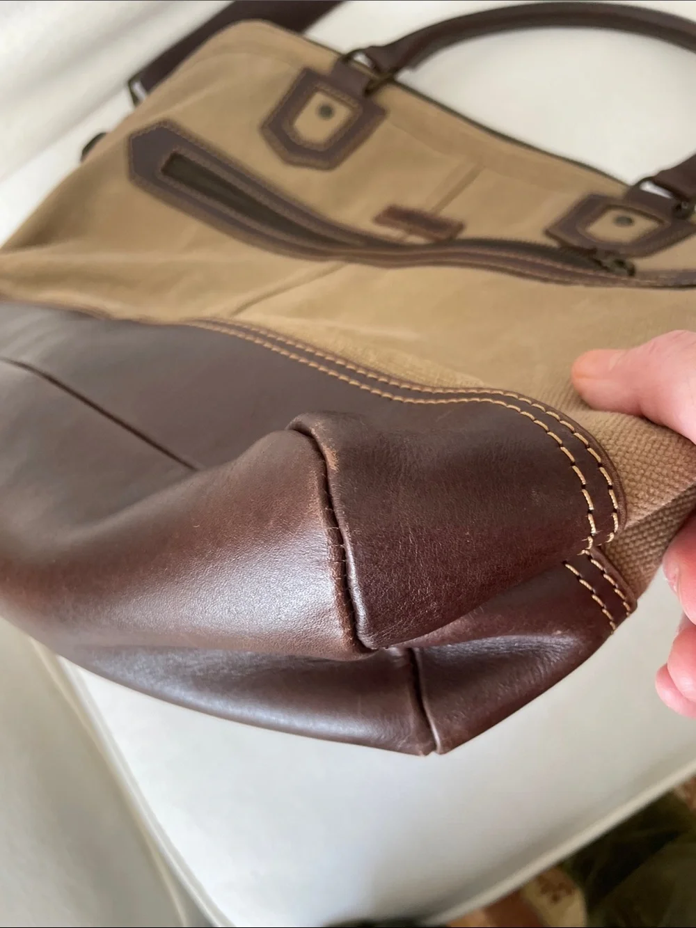 Geox Tan Canvas and Brown Leather Laptop Messenger Bag